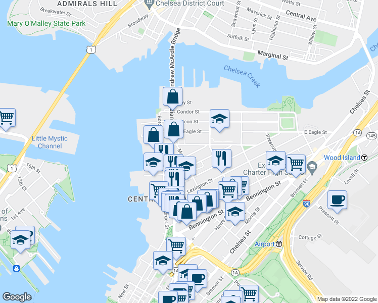 map of restaurants, bars, coffee shops, grocery stores, and more near 13 Monmouth Street in Boston
