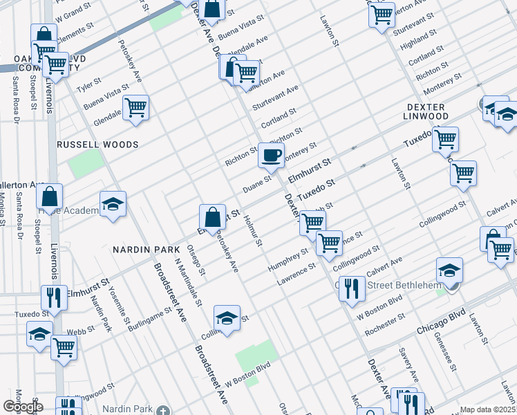 map of restaurants, bars, coffee shops, grocery stores, and more near 3842 Tuxedo Street in Detroit