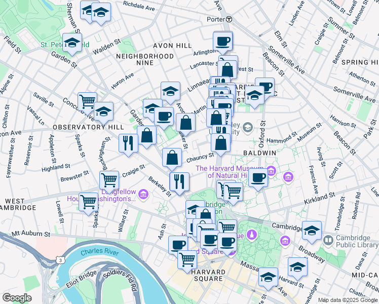 map of restaurants, bars, coffee shops, grocery stores, and more near 3 Walker Terrace in Cambridge