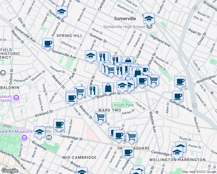 map of restaurants, bars, coffee shops, grocery stores, and more near 329 Washington Street in Somerville
