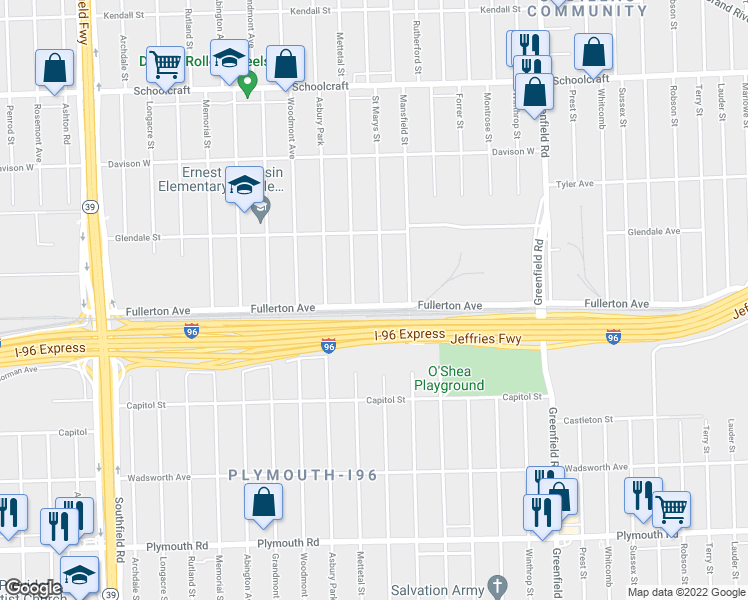 map of restaurants, bars, coffee shops, grocery stores, and more near 16200 Fullerton Avenue in Detroit