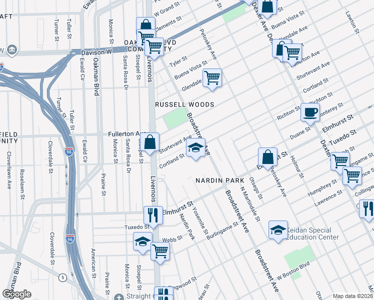 map of restaurants, bars, coffee shops, grocery stores, and more near 4774 Cortland Street in Detroit