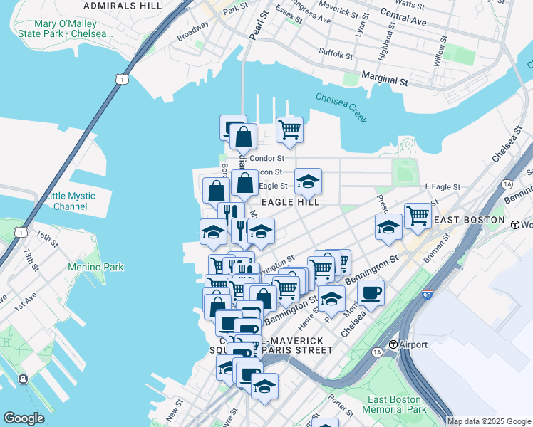 map of restaurants, bars, coffee shops, grocery stores, and more near 36 Monmouth Street in Boston