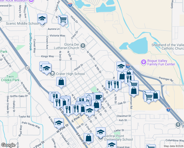 map of restaurants, bars, coffee shops, grocery stores, and more near 318 North 7th Street in Central Point