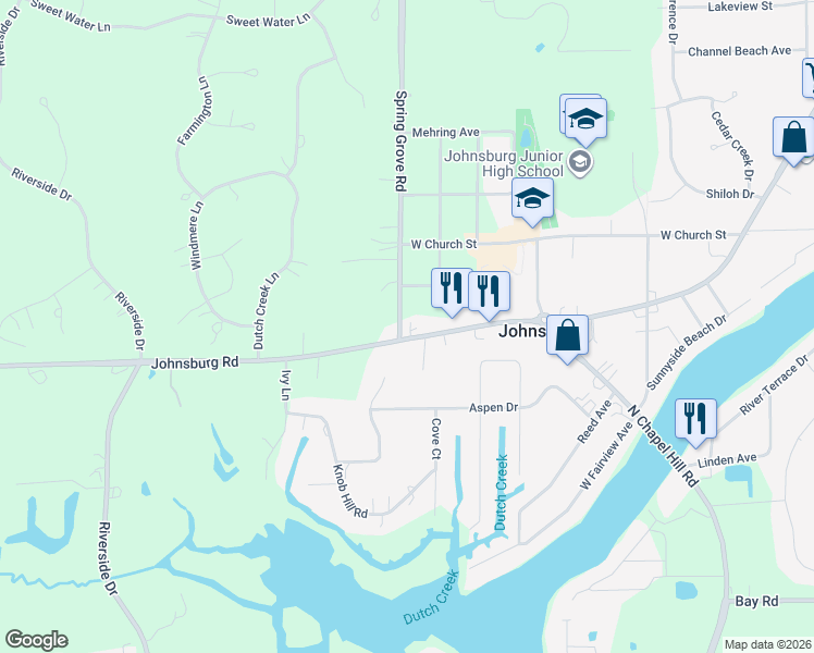 map of restaurants, bars, coffee shops, grocery stores, and more near in Johnsburg