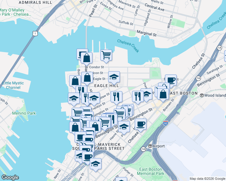 map of restaurants, bars, coffee shops, grocery stores, and more near 110 Eutaw Street in Boston