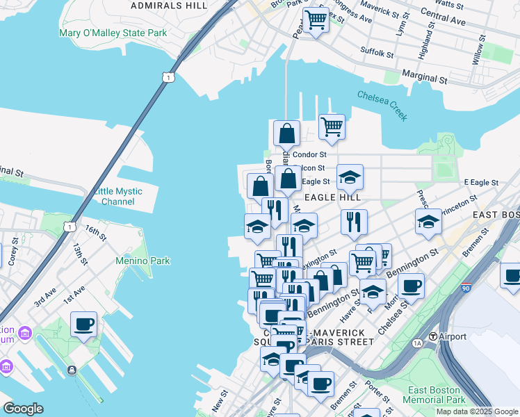 map of restaurants, bars, coffee shops, grocery stores, and more near 362 Border Street in Boston