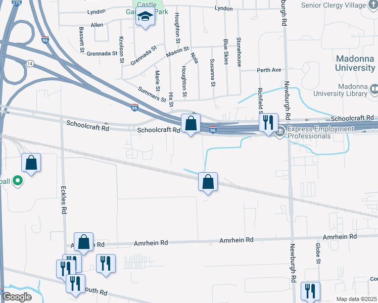 map of restaurants, bars, coffee shops, grocery stores, and more near 38103 Schoolcraft Road in Livonia