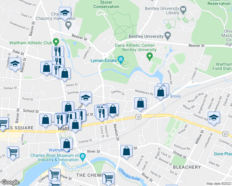 map of restaurants, bars, coffee shops, grocery stores, and more near 29 Garden Circle in Waltham