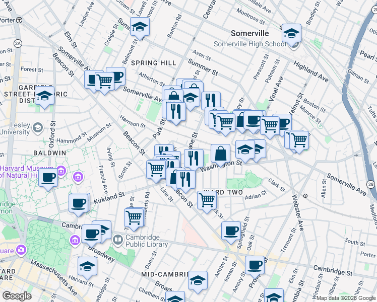 map of restaurants, bars, coffee shops, grocery stores, and more near 65 Dane Street in Somerville