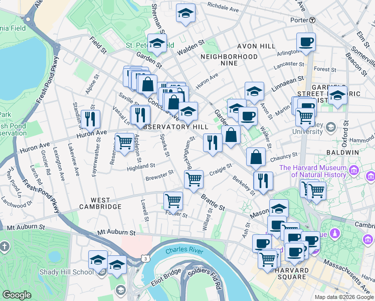 map of restaurants, bars, coffee shops, grocery stores, and more near 15 Buckingham Street in Cambridge