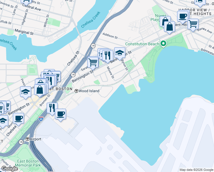 map of restaurants, bars, coffee shops, grocery stores, and more near East Boston Greenway Connector in Boston