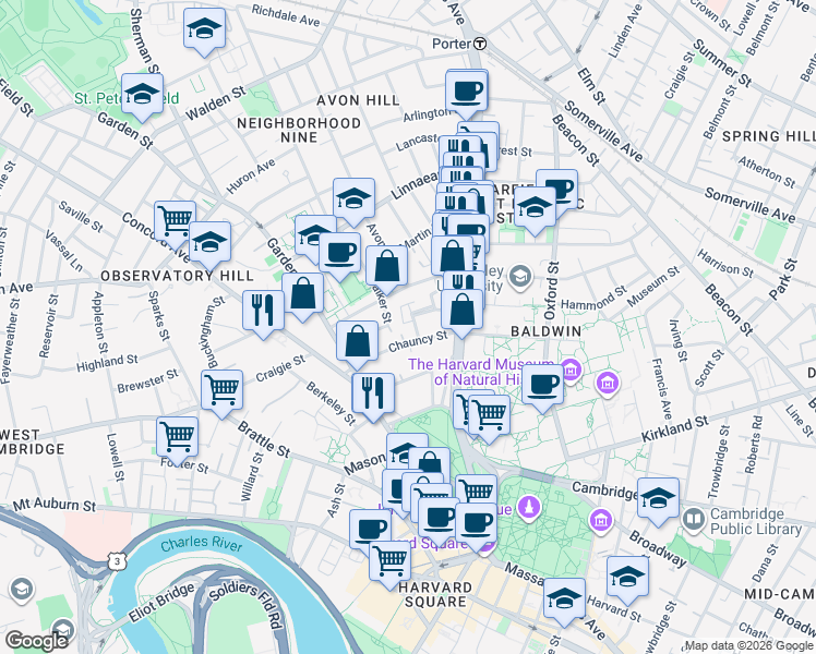 map of restaurants, bars, coffee shops, grocery stores, and more near 65 Langdon St in Mid-Cambridge