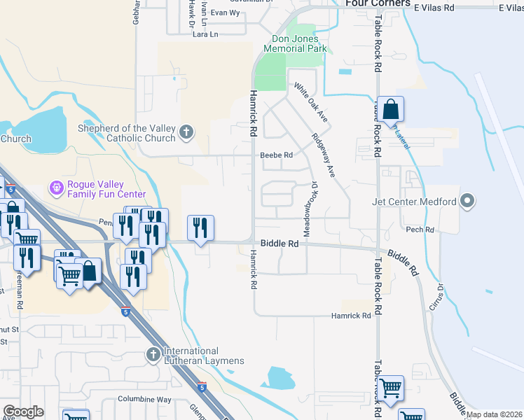 map of restaurants, bars, coffee shops, grocery stores, and more near 348 Live Oak Loop in Central Point