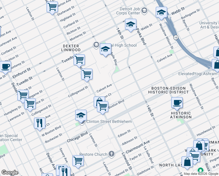 map of restaurants, bars, coffee shops, grocery stores, and more near 2460 Glynn Court in Detroit