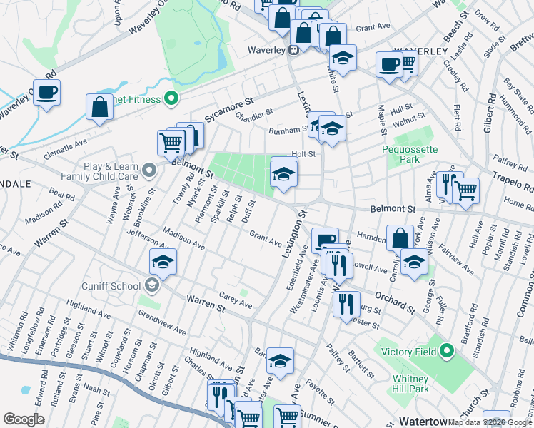 map of restaurants, bars, coffee shops, grocery stores, and more near 45 Grant Avenue in Watertown