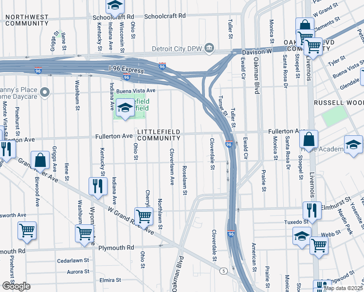 map of restaurants, bars, coffee shops, grocery stores, and more near 12324 Cloverlawn Avenue in Detroit