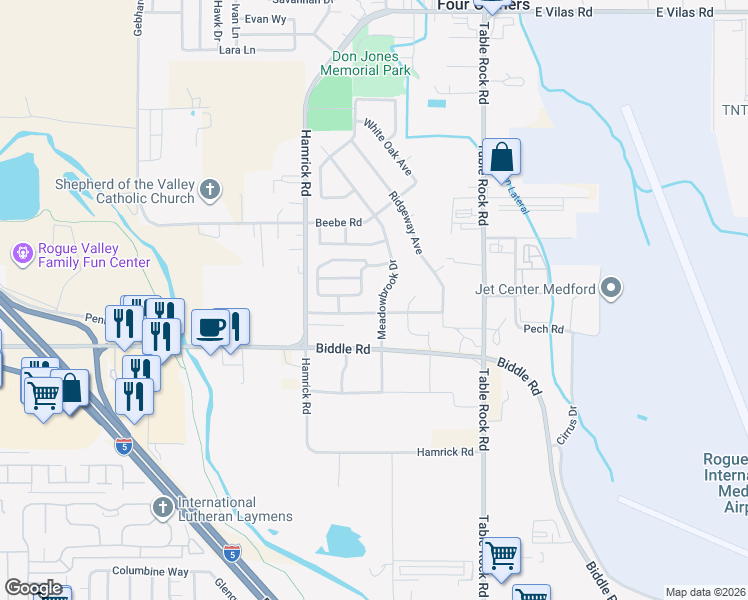 map of restaurants, bars, coffee shops, grocery stores, and more near 2774 Brookdale Drive in Central Point