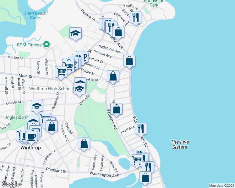 map of restaurants, bars, coffee shops, grocery stores, and more near 19 Mermaid Avenue in Winthrop