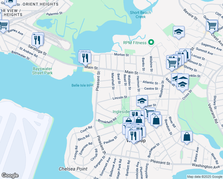 map of restaurants, bars, coffee shops, grocery stores, and more near 46 Lincoln Street in Winthrop