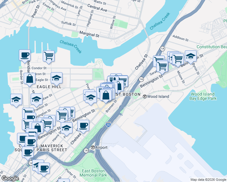 map of restaurants, bars, coffee shops, grocery stores, and more near 390 Chelsea Street in Boston
