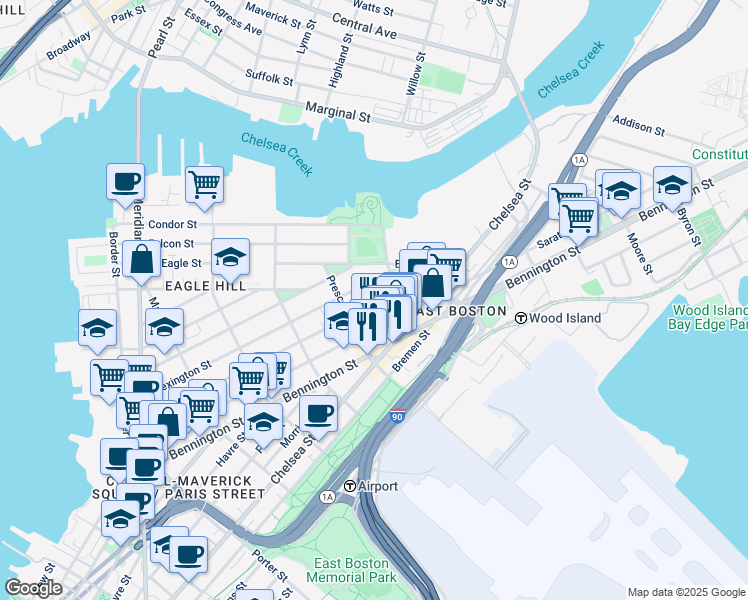 map of restaurants, bars, coffee shops, grocery stores, and more near 416 Saratoga Street in Boston