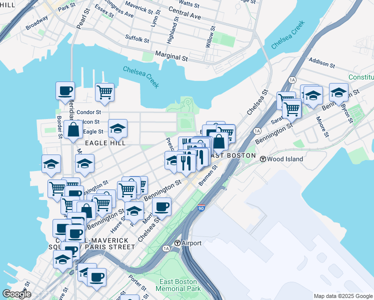 map of restaurants, bars, coffee shops, grocery stores, and more near 416 Saratoga Street in Boston
