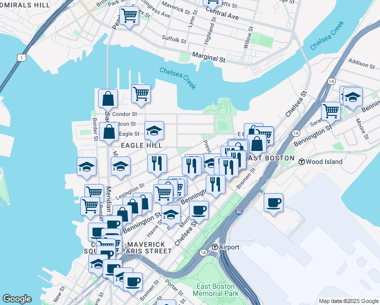 map of restaurants, bars, coffee shops, grocery stores, and more near 199 Lexington Street in Boston