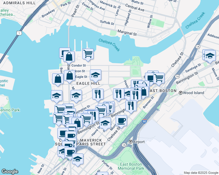map of restaurants, bars, coffee shops, grocery stores, and more near 139 Trenton Street in Boston