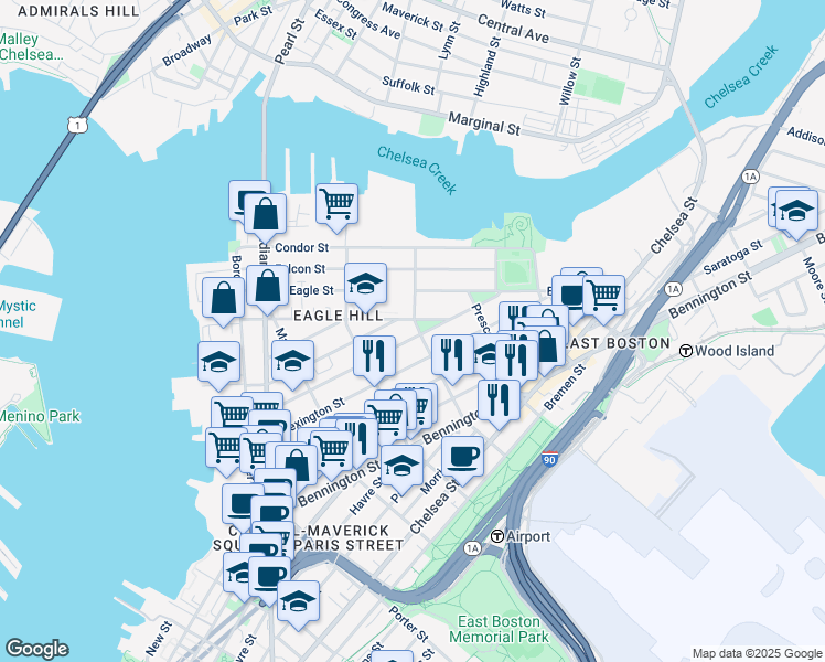 map of restaurants, bars, coffee shops, grocery stores, and more near 139 Trenton Street in Boston