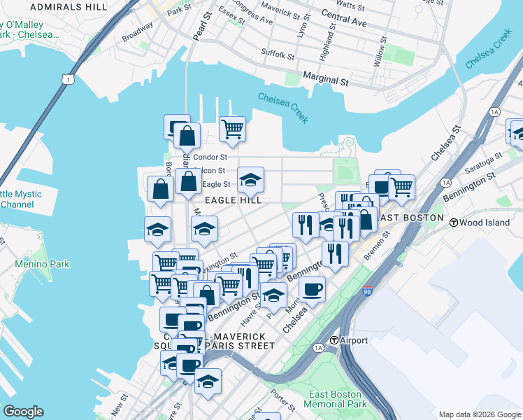 map of restaurants, bars, coffee shops, grocery stores, and more near 139 Trenton Street in Boston