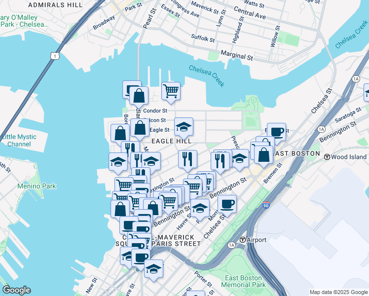 map of restaurants, bars, coffee shops, grocery stores, and more near 166 Brooks Street in Boston