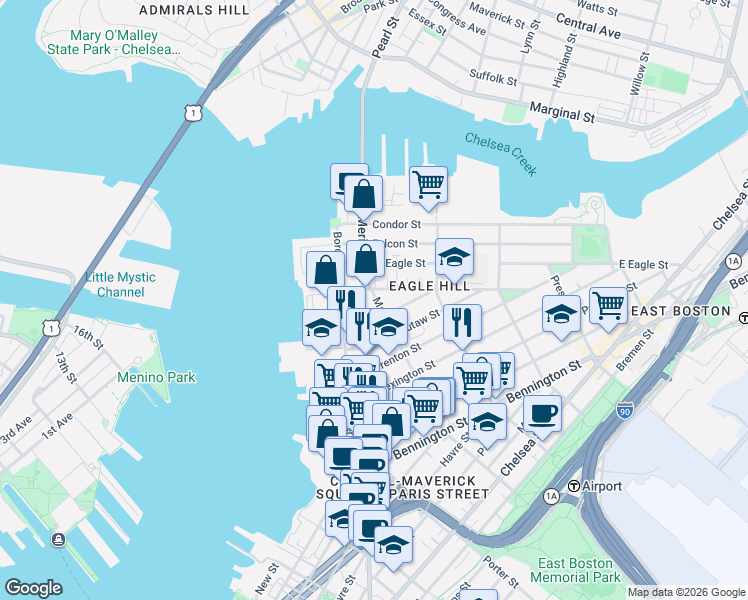 map of restaurants, bars, coffee shops, grocery stores, and more near 13 Monmouth Street in Boston