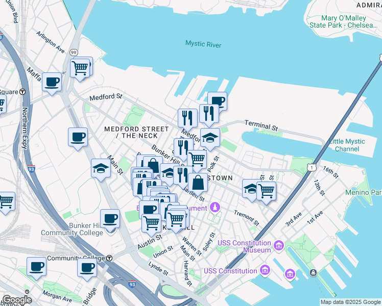 map of restaurants, bars, coffee shops, grocery stores, and more near 86 Elm Street in Boston