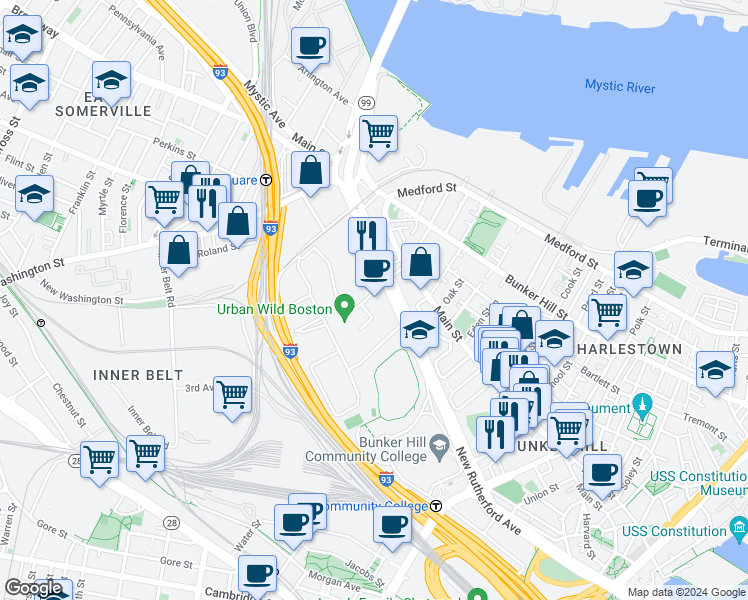 map of restaurants, bars, coffee shops, grocery stores, and more near 1 Bunker Hill Industrial Park in Boston