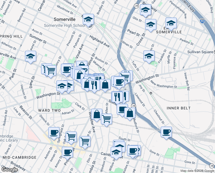map of restaurants, bars, coffee shops, grocery stores, and more near in Somerville