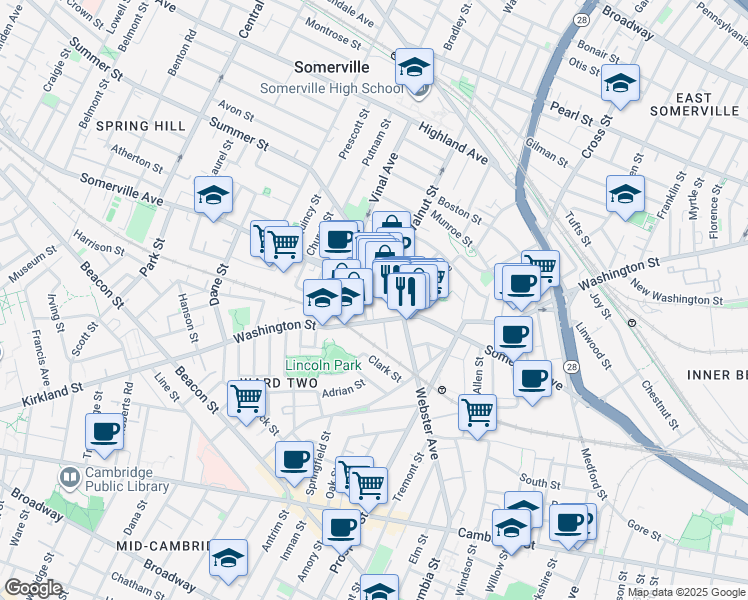 map of restaurants, bars, coffee shops, grocery stores, and more near 261 Washington Street in Somerville