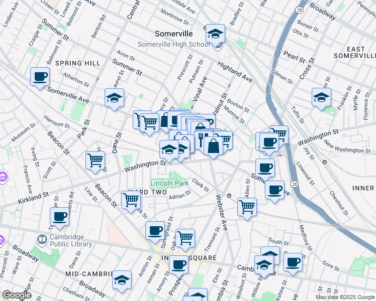 map of restaurants, bars, coffee shops, grocery stores, and more near 285 Washington Street in Somerville