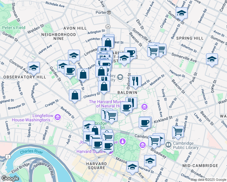 map of restaurants, bars, coffee shops, grocery stores, and more near in Cambridge