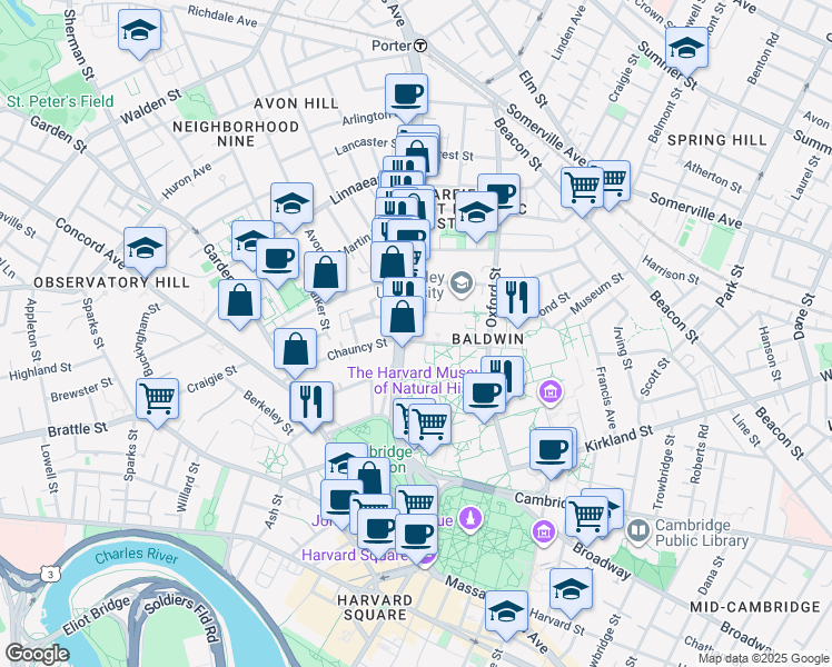 map of restaurants, bars, coffee shops, grocery stores, and more near 1587 Massachusetts Avenue in Cambridge