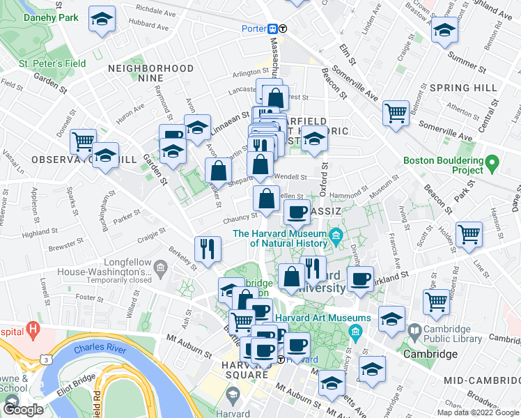 map of restaurants, bars, coffee shops, grocery stores, and more near 1587 Massachusetts Avenue in Cambridge