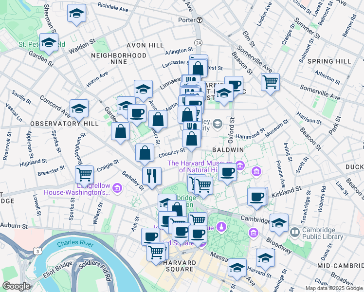 map of restaurants, bars, coffee shops, grocery stores, and more near 2 Chauncy Street in Cambridge