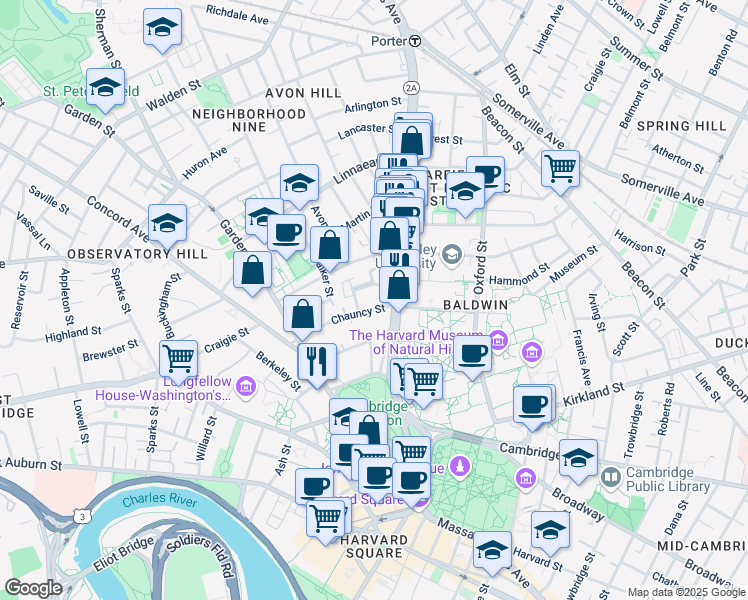 map of restaurants, bars, coffee shops, grocery stores, and more near 2 Chauncy Street in Cambridge