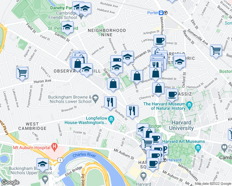 map of restaurants, bars, coffee shops, grocery stores, and more near 27 Concord Avenue in Cambridge