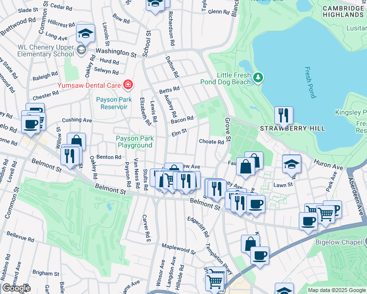 map of restaurants, bars, coffee shops, grocery stores, and more near 35 Harvard Road in Belmont