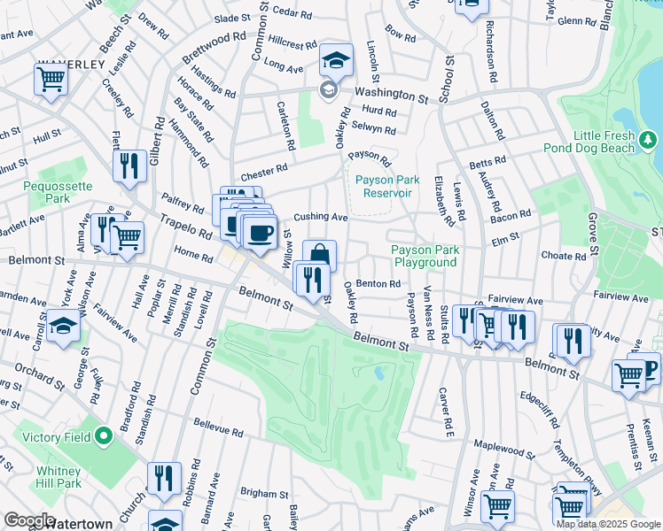 map of restaurants, bars, coffee shops, grocery stores, and more near 35 Pine Street in Belmont