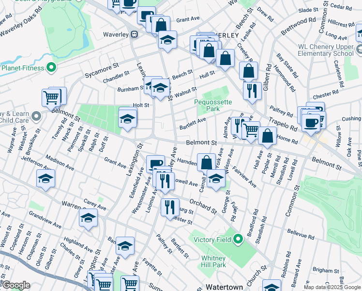 map of restaurants, bars, coffee shops, grocery stores, and more near 289 Waverley Avenue in Watertown