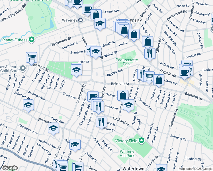 map of restaurants, bars, coffee shops, grocery stores, and more near 289 Waverley Avenue in Watertown