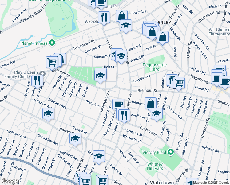 map of restaurants, bars, coffee shops, grocery stores, and more near 13 Harnden Avenue in Watertown