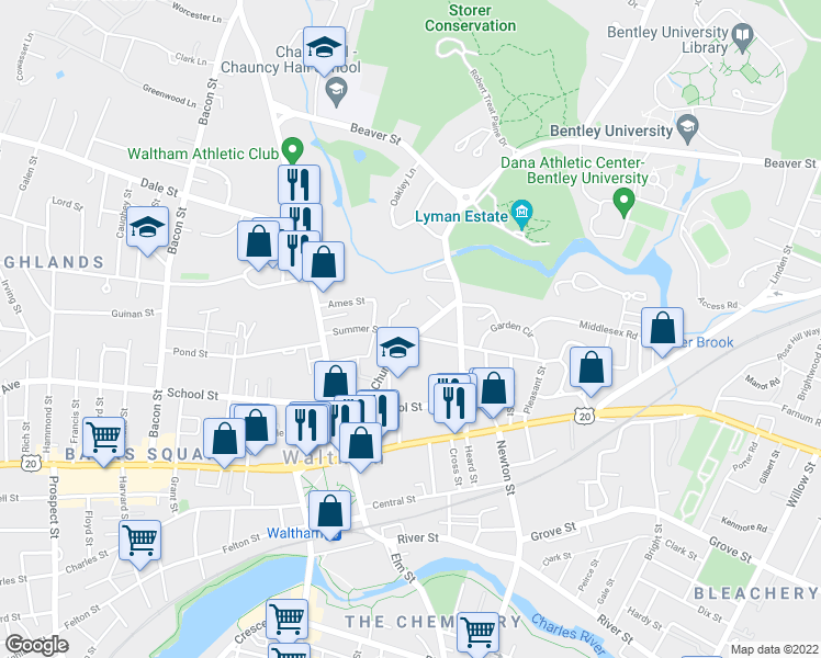 map of restaurants, bars, coffee shops, grocery stores, and more near 95 Summer Street in Waltham